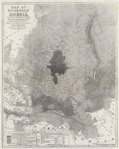 Kort over det europæiske Rusland, der viser dets tidligste omfang, dets indgreb i tilstødende lande og den nuværende grænse for imperiet